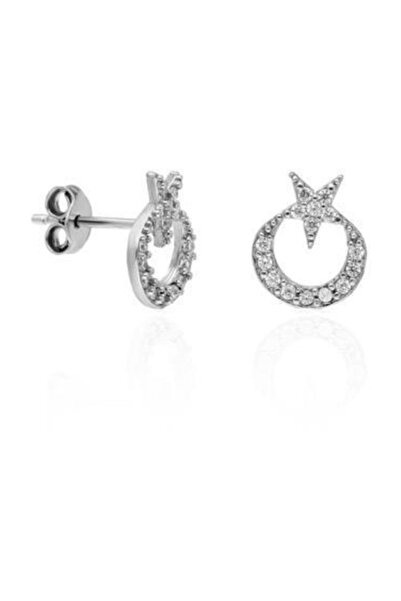 Aykat Ay Yıldızlı Gümüş Çocuk Küpesi Bayraklı Küpe 925 Ayar Kupe-353