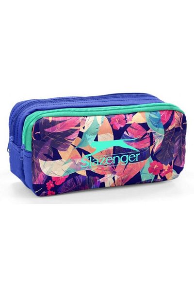 Slazenger Suport pentru stilouri pentru fete Slazenger 12027 cu model de frunze albastru-verde - două compartimente