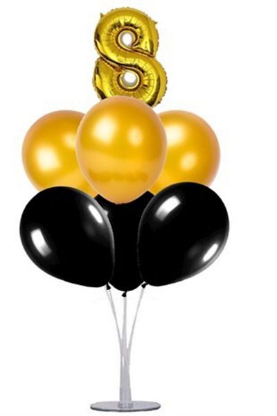 Çemrek Süs Parti Black Gold 8 Years Old Balloon Stand - 1 Stand and 10 Metallic Balloons and 50 Cm Foil Balloons