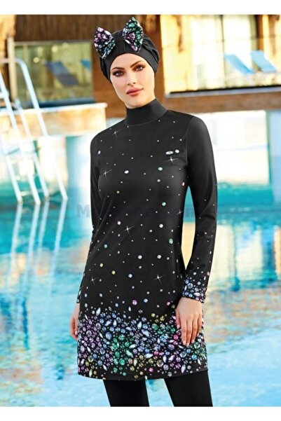 Adasea 4113 Siyah Zümrütt Parıltılı Tam Boy Tesettür Mayo