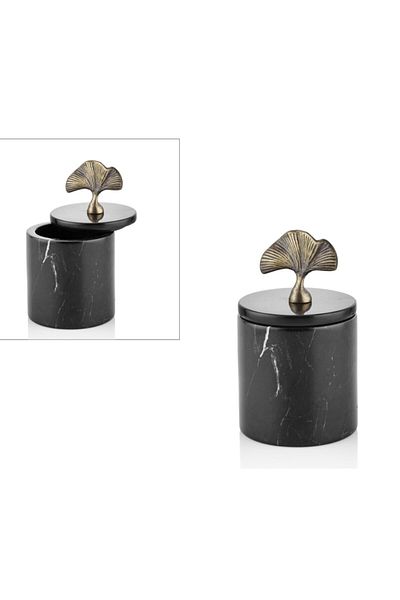 SETABIANCA Evza Marble Black Gold Antique Gınkgo Box with Lid 16cm