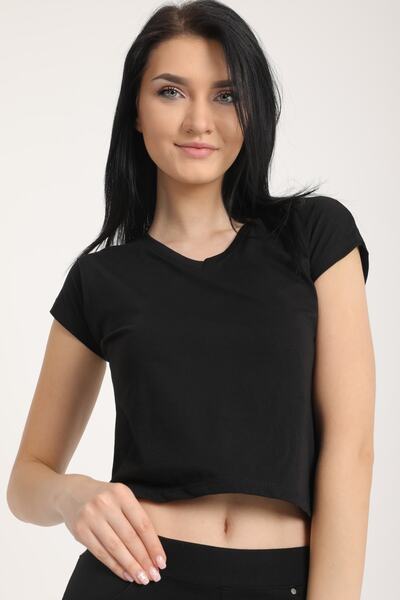 MD trend Tricou negru din bumbac pieptănat cu mânecă scurtă, cu decolteu în V, Mdt6224