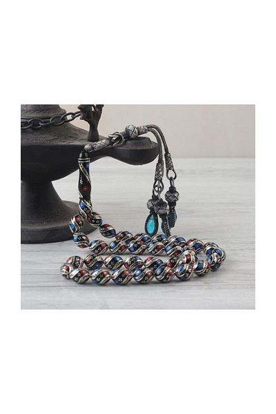 Tesbihsepetim Silver Tassel And Embroidered Burgundy Blue Erzurum Oltu Rosary