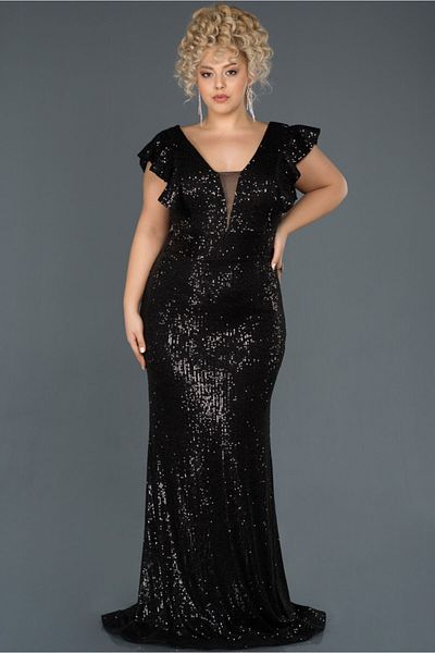 Abiyefon Black Sequin Large Size Fishnet Evening Dress Abu1045