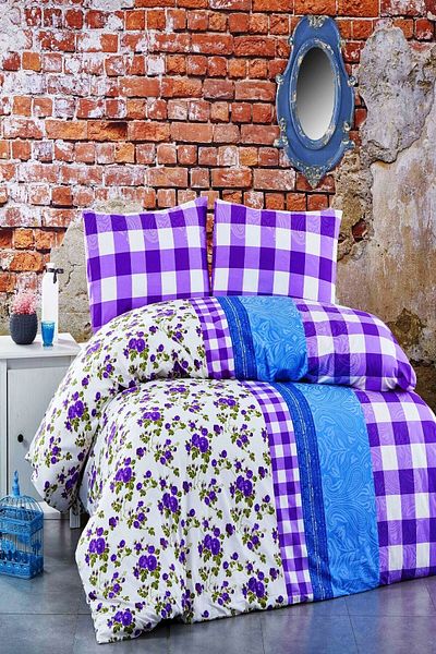 MAJESTE Toprak Ev Elegant 100% Cotton Plaid and Floral Double Duvet Cover Set-10190 Lilac