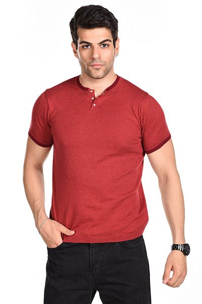 Trist Star Red Men's Combed Cotton Buttoned Crew Neck Short Sleeve Summer Knitwear