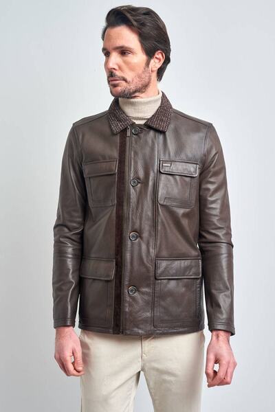 Pierre Cardin Erkek Kahverengi Yakalı Düğmeli Deri Ceket