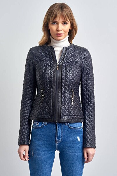 Pierre Cardin Kadın Lacivert Kapitone Kısa Gerçek Deri Ceket