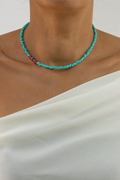 Bijusel قلادة قصيرة ملونة مع خرز عين الشر باللون الفيروزي والأزرق