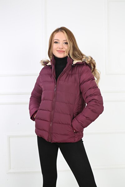 B&T Palton elegant pentru femei, de culoare violet, cu glugă detașabilă și blană