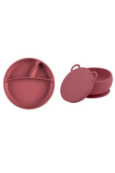 OiOi Portion Vacuum Plate + Bowl with Lid Claret Red