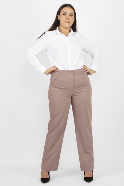 Şans Women's Large Size Mink Classic Fabric Trousers 65n19105