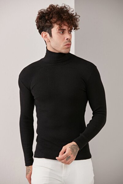 CATSPY Pulover de tricotaj pentru bărbați, negru, slim fit, cu guler rotit
