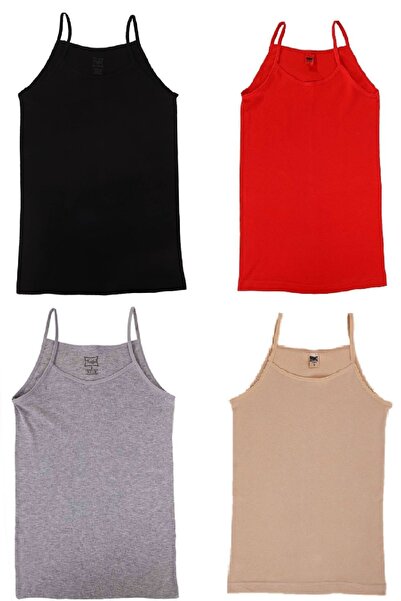 Tutku Women's Colorful Thread Strap Cotton Undershirt 4 Pieces