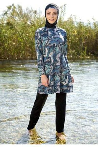 Estiva Women's Blue Patterned Full Covered Hijab Swimsuit 2045