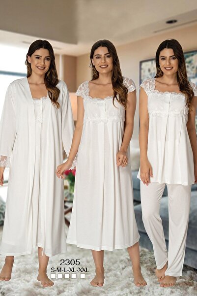 Effort Pijama مجموعة من 4 قطع للحوامل بتفاصيل دانتيل بني حليبي من إيفورت