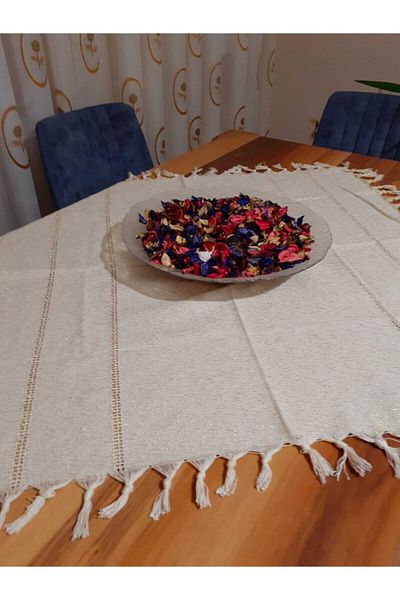 AKIN AKSESUAR HEDİYELİK Pânză Buldan Față de masă Culoare Crem Argintiu Sclipici Ciciucuri 90*90 Cm