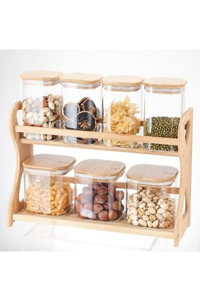 AROW Square Glass Spice Set with Bamboo Stand Bamboo Lid Set of 7