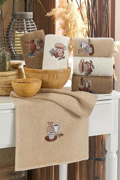 Bonny Home Бродирани кухненски кърпи за ръце с шарка на кафе, 100% памук, 6 броя, 30x50