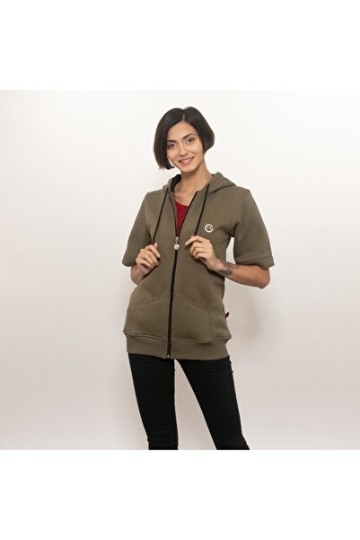 GüleGüleGiy Γυναικείο κοντομάνικο φούτερ με φερμουάρ και 4 τσέπες σε χακί χρώμα