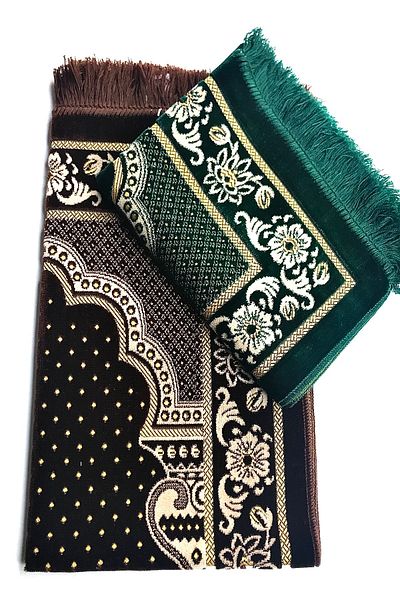 Kardelen Luxury Dodya Velvet Prayer Rug for Wedding, Engagement Bundles (Brown, Green), Rosary, Skullcap