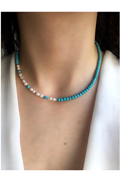 Serpil Jewellery قلادة نسائية بتصميم الفيروز الأزرق واللؤلؤ الحقيقي