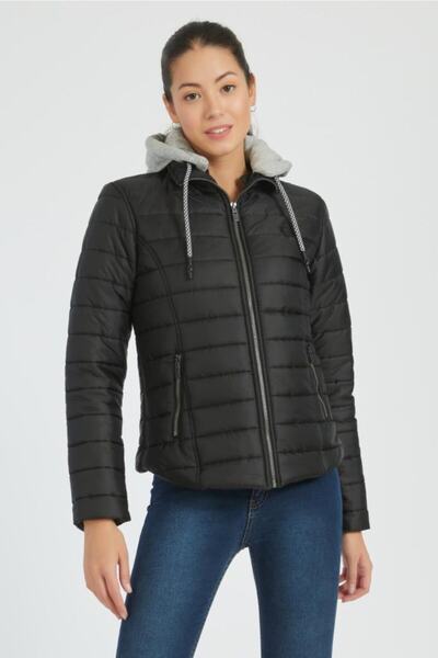 Wise Kadın  Siyah Kapüşonlu Şişme Kaban -