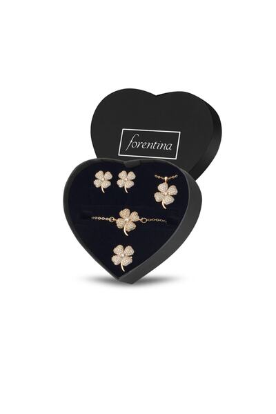 Forentina Kadın Sarı Yonca Yaprağı Kolye Küpe Bileklik Yüzük Seti - Ps163100tr