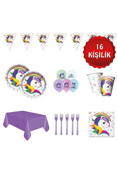 Parti Furyası مجموعة زينة لحفلات أعياد الميلاد مكونة من 16 شخصًا من يونيكورن يونيكورن