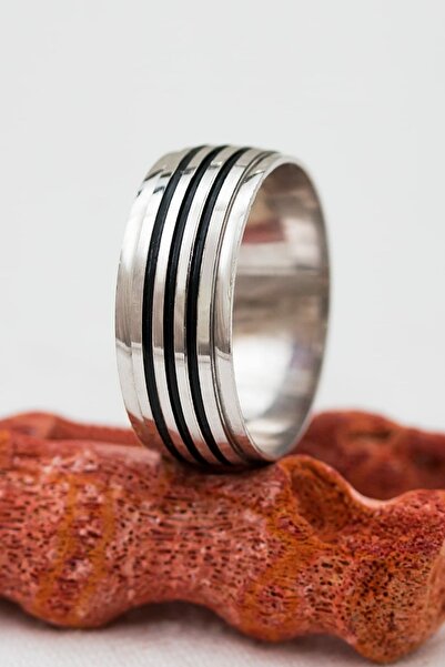 Silver Self Güüş Alyans Siyah Çizgili