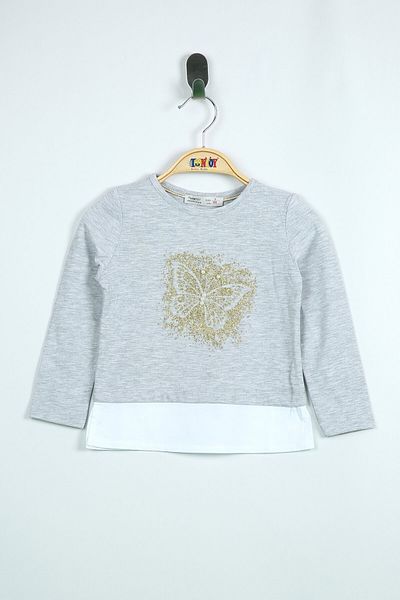 Toontoy Gray Glittery Butterfly Printed Girl's T-Shirt