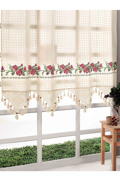 Buldan CSN Tekstil Cotton Red Cross Stitch Authentic Curtain