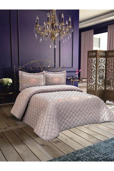 Armes California Kadife Fransız Güpürlü Yatak Örtüsü Gri