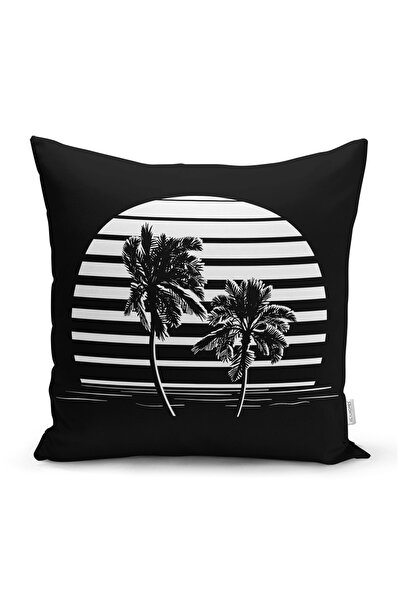 Realhomes غطاء وسادة رمي حديث بنمط النخيل مع خطوط بيضاء على خلفية سوداء