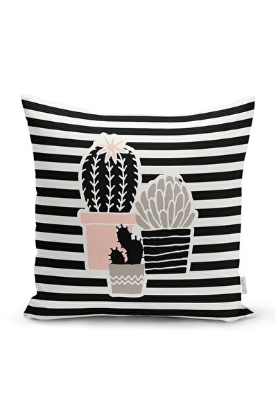 Realhomes Husă de pernă și pernă modernă cu model cactus cu dungi negre pe fu...
