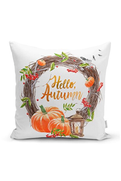 Realhomes Beyaz Zeminli Bal Kabağı Desenli Dijital Baskılı Modern Yastık Kırl...