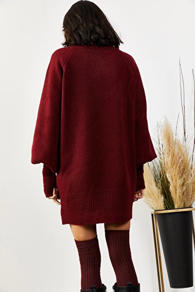 Olalook Kadın Bordo Balıkçı Yaka Balon Kol Salaş Triko Elbise ELB-19000867