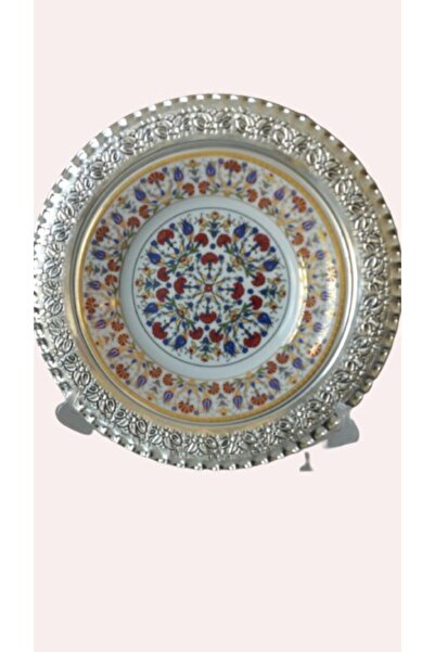 Sultan Çini -el Emeği Gümüş Kaplama 40 Cm Desenli Porselen Tabak