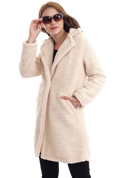 Kadın Modası Beigefarbener Bouclé-Plüschmantel für Damen mit Taschenfutter