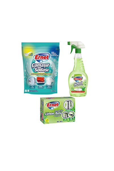 Ernet Çamaşır Sodası 2 kg Sirkeli Temizleyici 750 ml Limon Tuzu 100 gr 3'lü Set