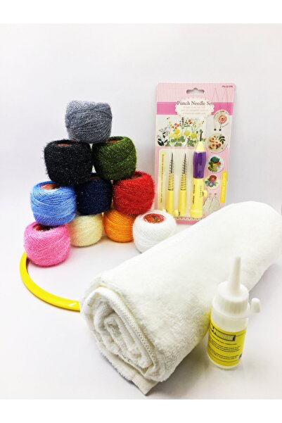 İthal Punch Nakış Seti (havlu, Punch Iğne, Kasnak, 10 Adet Simli Punch Ipi, T...