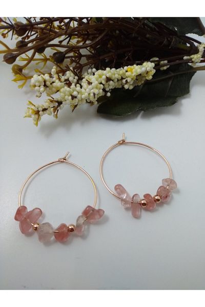 BalıkHediyelik Pink Quartz Earrings / natural stone Hoop Earrings