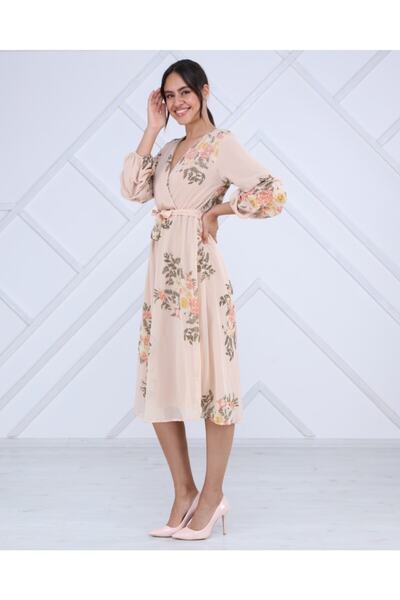 CİXAPLE Γυναικείο φόρεμα σιφόν με λουλουδάτο μοτίβο με λαβή εκρού