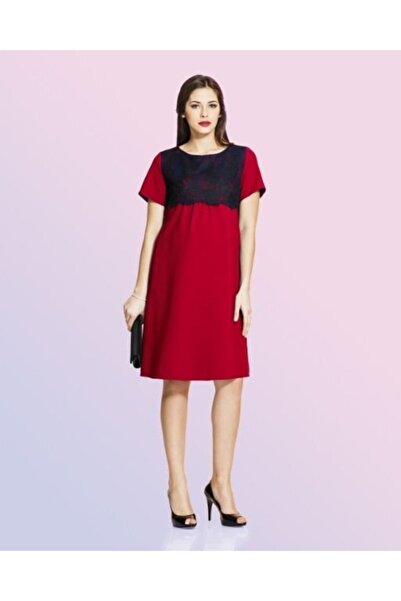 Even Fashion Hamile Giyim Dantel Aksesuarlı Kırmızı Kısa Hamile Elbise