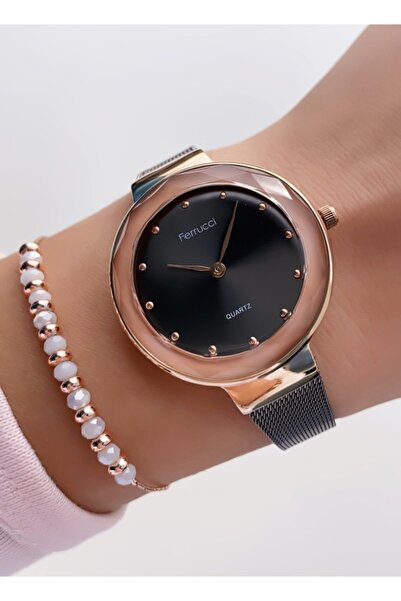 Ferrucci Kadın Füme Rose Gold Kasa Sade Tasarım Hasır Metal Kordon Kol Saati + Bileklik
