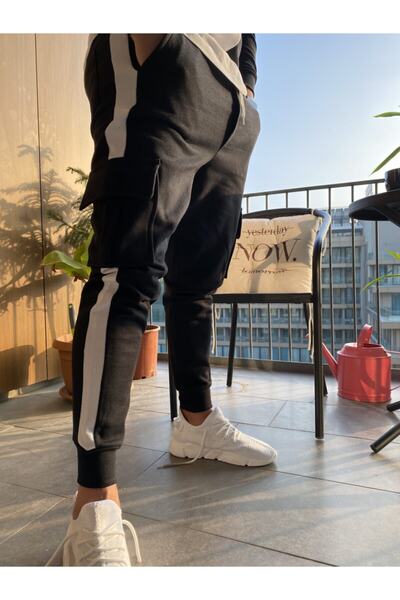 AUST GİYİM Ανδρικό μαύρο ριγέ φούτερ Cargo