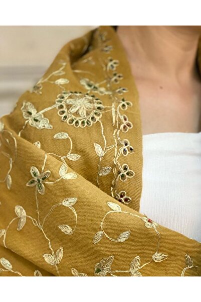 Dervişan İpekçilik Hardal Rengi Gümüş Işleme Şal