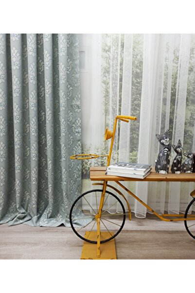 Ran Perde Açık Mavi  Damask Desenli Dökümlü Fon Perde