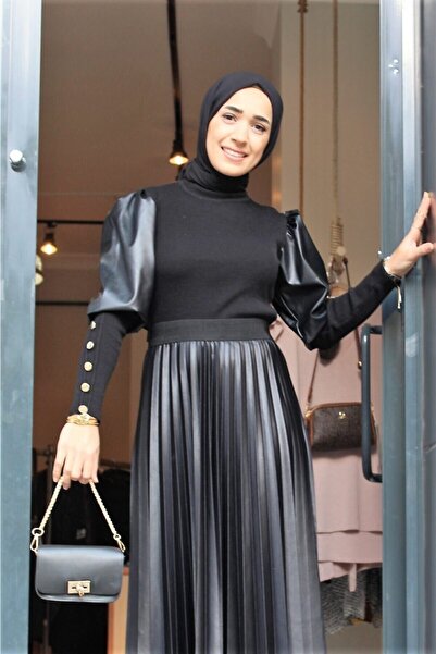 ECRİNLEMODA تنورة نسائية ذات مظهر جلدي أسود بطيات