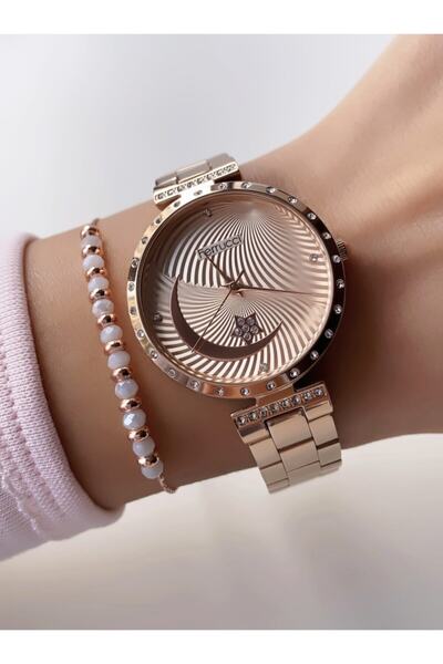 Ferrucci Rose Gold Renk Ay Yıldız Desen Taşlı Metal Kadın Kol Saati